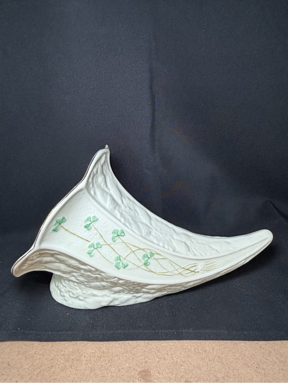 Belleek Pottery Ireland Shamrock Gold Accent Cornucopia 7 Inch High 11.5 In Long